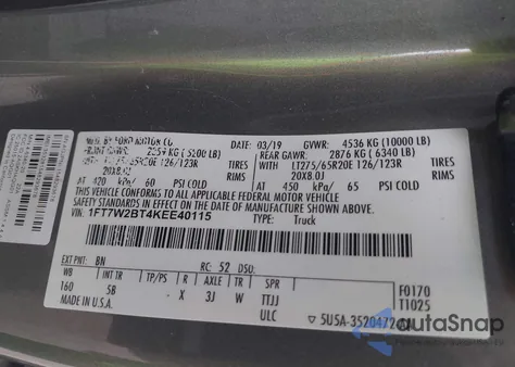 2019 Ford F-250 Lariat из США, поврежденный, VIN 1FT7W2BT4KEE40115